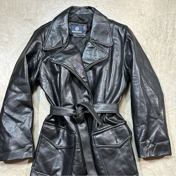 Vintage Black Leather Made in Italy Quilted Interior Trench Coat with Belt ptp21 - Picture 7 of 15